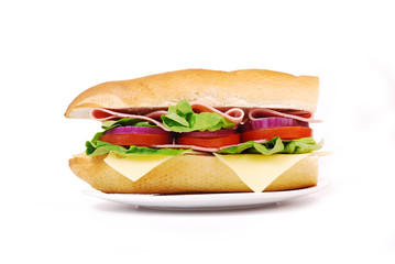sandwich with ham and vegetables on white background
