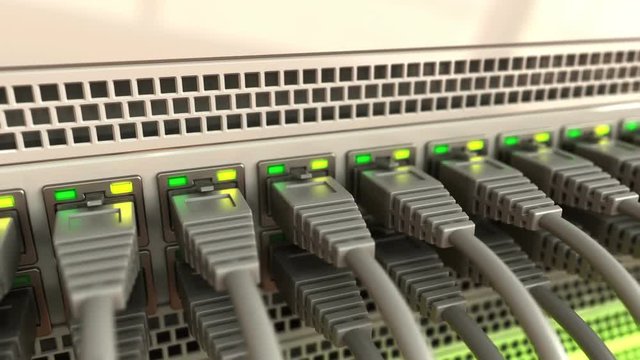 3d animation of network cables in server or router rack camera panning, seamless loop