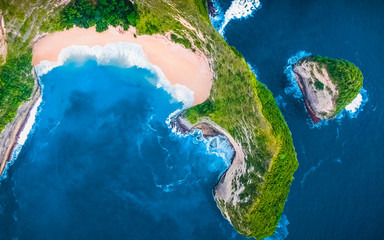 Aerial Top View Background. Flying Drone Above Beautiful Blue Sea Water. Wonderful Panoramic Landscape. Ocean Waves Background. Tropical Beach View. Crystal Waves. Clean, Blue Background. Green View - obrazy, fototapety, plakaty
