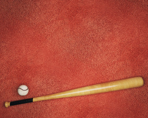 Baseball equipment on red background