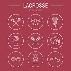 Lacrosse sport game vector line icons. Ball, stick, helmet, gloves, girls goggles. Linear signs set, championship pictograms with editable stroke for event, equipment store.