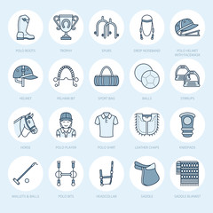 Horse polo flat line icons. Vector illustration of horses sport game, equestrian equipment - saddle, leather boots, harness, spurs. Linear signs set, championship pictograms for event, gear store.