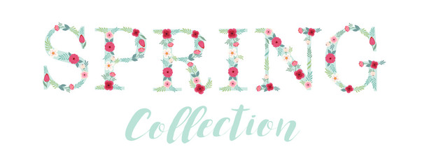 Beautiful seasonal shop banner with letters decorated with hand drawn rustic flowers