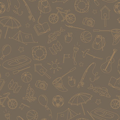 Seamless pattern on the theme of summer camp and vacations, simple contour icons, beige contour on brown background