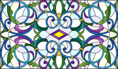 Illustration in stained glass style with abstract  swirls,flowers and leaves  on a light background,horizontal orientation