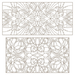 Set contour illustrations of stained glass with abstract swirls and flowers , horizontal orientation