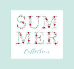 Beautiful seasonal shop banner with letters decorated with hand drawn rustic flowers