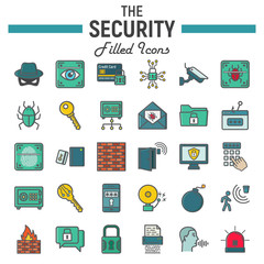 Security colorful line icon set, cyber protection symbols collection, safety vector sketches, logo illustrations, filled pictograms package isolated on white background, eps 10.