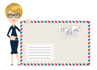 Woman in formal suit pointing to an envelope with a letter. Stock Vector illustration of a cartoon