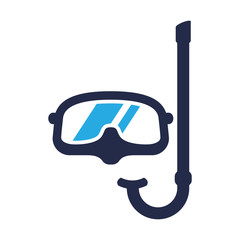 Icono plano gafas buzo y snorkel azules en fondo blanco