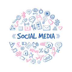Social media network. Hand drawn infographic concept in circle shape on white background. Vector icons set
