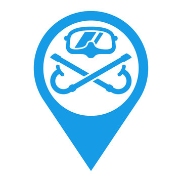 Icono plano localizacion gafas buzo y snorkels cruzados azul