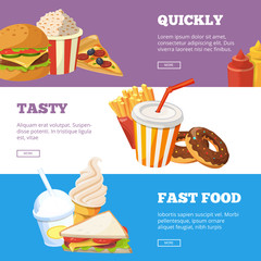 Three horizontal banners of fast food vector illustrations with burger, sandwich, ice cream and cold drinks