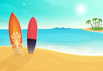 Surfboards in different colors. Sea and sand beach. Vector summer background illustration
