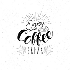 Enjoy your coffee break cafe hand drawn vintage brush lettering typography inscription on blue sky sea background poster. White typeface texture vector quote banner illustration