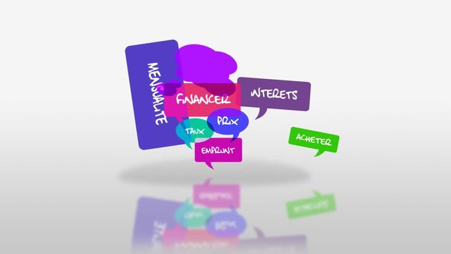 Emprunt cr&eacute;dit financement projet banque achat taux prix investir immobilier finance banque animation de bulles de couleur