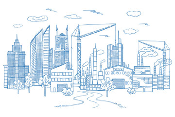 Big city landscape with different buildings. Vector hand drawn illustrations
