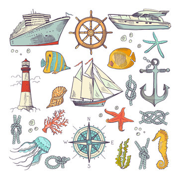 Marine coloring doodle set with different nautical elements, compass and lighthouse. Underwater animals vector set