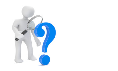 Headline - Weisses 3d Männchen mit der Lupe in der Hand und einem blauen Fragezeichen auf dem Boden