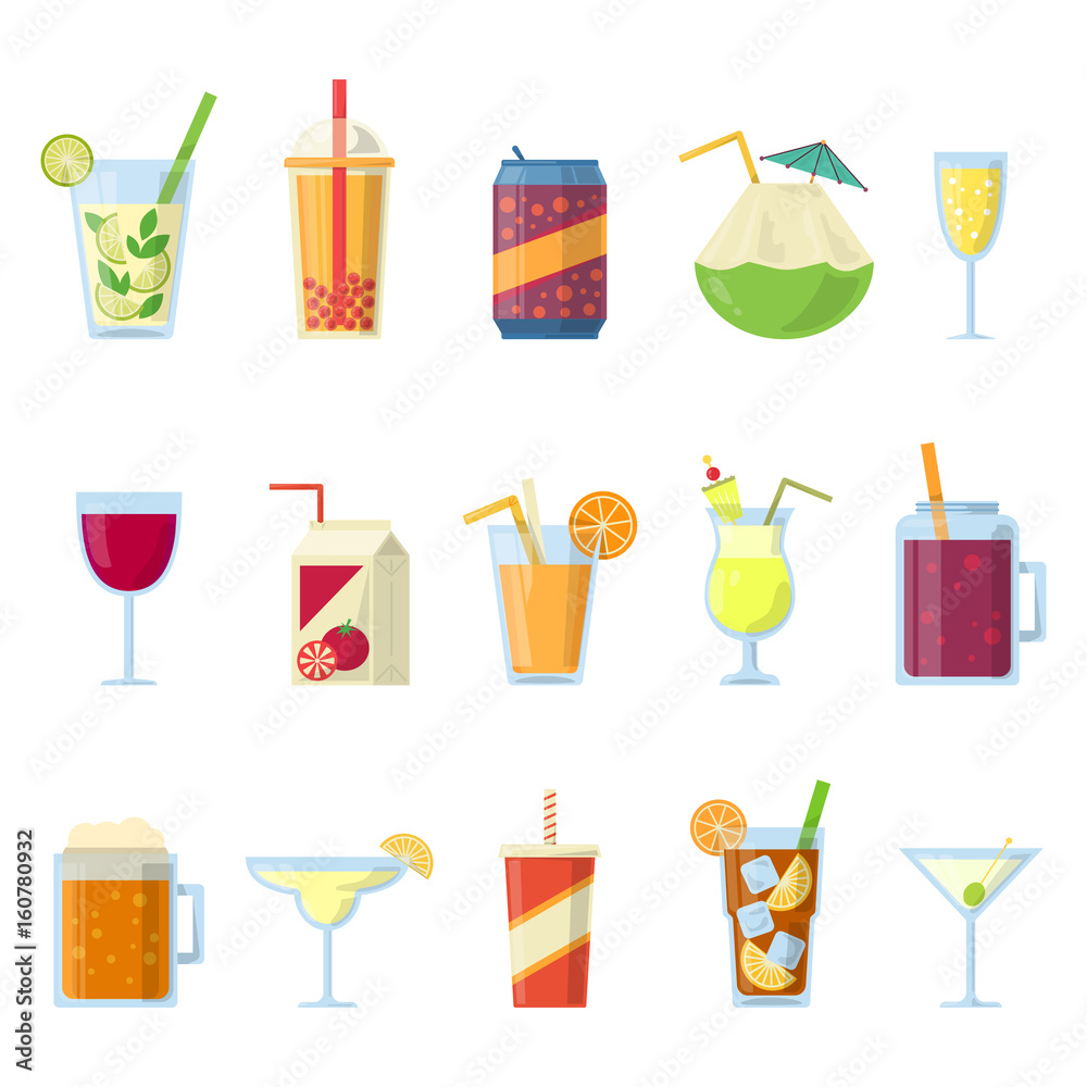 Wall mural different drinks in bottles and glasses. vector set isolate on white