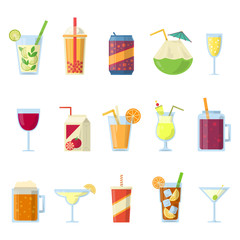 Different drinks in bottles and glasses. Vector set isolate on white