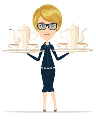 Waitress serving coffee or tea. Stock vector illustration for poster, greeting card, website, ad, business presentation, advertisement design