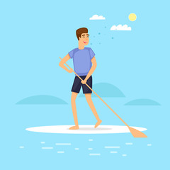 Guy is paddling on SUP. Flat vector illustration in cartoon style.