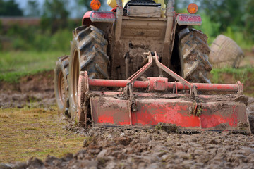 Agriculture workers with tractors to prepare crops, rice farming.