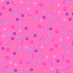 Geo shapes pattern, memphis style neon colors. Pink geometric background. 