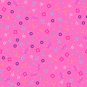 Geo shapes pattern, memphis style neon colors. Pink geometric background. 