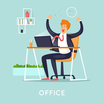 Businessman is happy in the office. Flat vector illustration in cartoon style.
