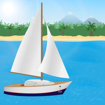 Summer travel to tropical paradise. Sailboat on a tropical island background.