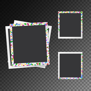 Set of festive photo frames with falling confetti on a transparent background
