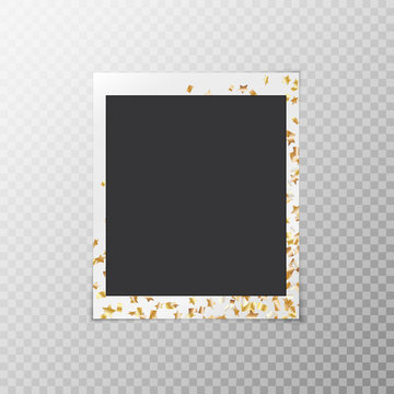 Festive photo frame with golden confetti stars isolated on transparent background
