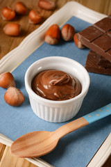 Hazelnut chocolate cream in white bowl
