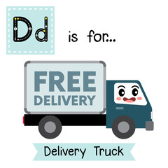 Letter D cute children colorful transportations alphabet tracing flashcard of Delivery Truck for kids learning English vocabulary.