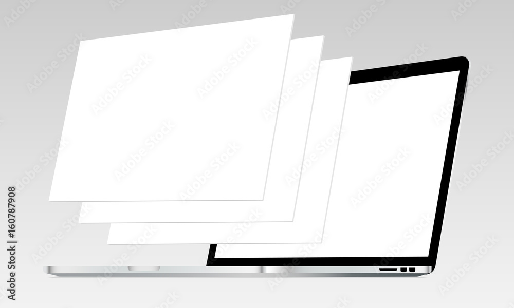 Fototapete Laptop mockup with blank screen and blank web wireframing pages. Web design concept for showing responsive web projects. Vector illustration