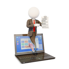 businessman popping out from a laptop screen with contract, 3d rendering