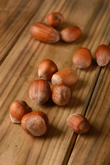 Pile of hazelnuts on wooden table