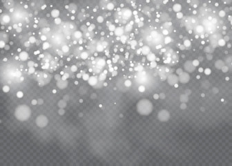 Vector falling snow effect isolated on transparent background with blurred bokeh.