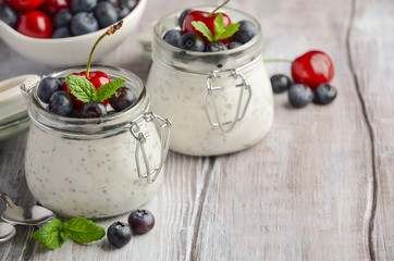 Chia seed pudding with fresh berries, healthy breakfast concept, selective focus, copy space