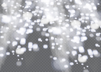 Vector falling snow effect isolated on transparent background with blurred bokeh.