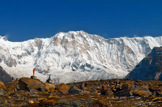 Snow Mountain Landscape in Himalaya and climber graves in Annapurna Base Camp.