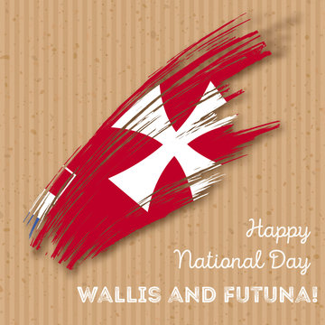 Wallis and Futuna Independence Day Patriotic Design. Expressive Brush Stroke in National Flag Colors on kraft paper background. Happy Independence Day Wallis and Futuna Vector Greeting Card.