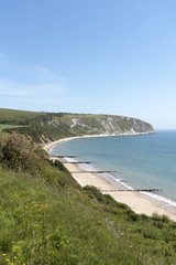 Swanage Bay Jurassic coastline looking towards Ballard Cliff and Ballard Point. Dorset England UK