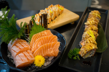 Close-up Japanese sashimi salmon and sushi.