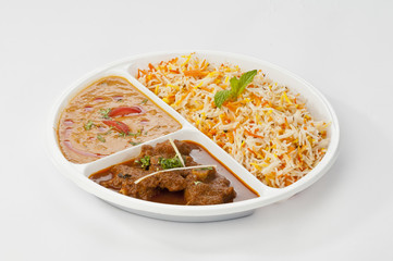 Biryani rice combo with chana dal and mutton curry with disposable plate