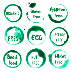 Good Food collection of round watercolor stains with organic, gluten free, additive, lactose, nut, wheat, eco, fresh, good food text. Set of vector Good Food stamps.