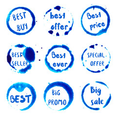 Best seller collection of round watercolor stains with best buy, offer, price, seller, big sale, ever, special offer, big promo text. Set of vector Best seller stamps.