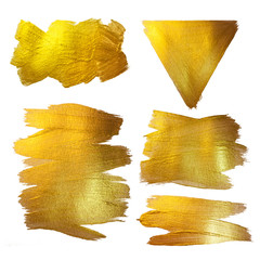 Naklejka premium Gold Watercolor Texture Paint Stain Abstract Illustration. Shining Brush Stroke Set for you Amazing Design Project.